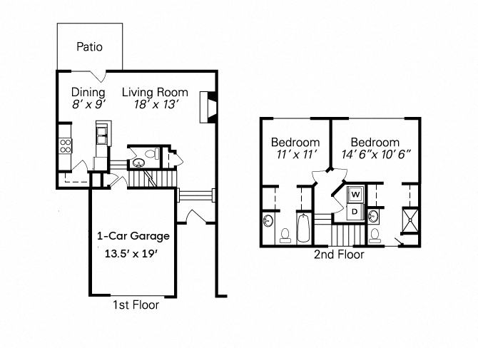 Floor plan for 2 beds, 2.5 baths, 1143 sqft